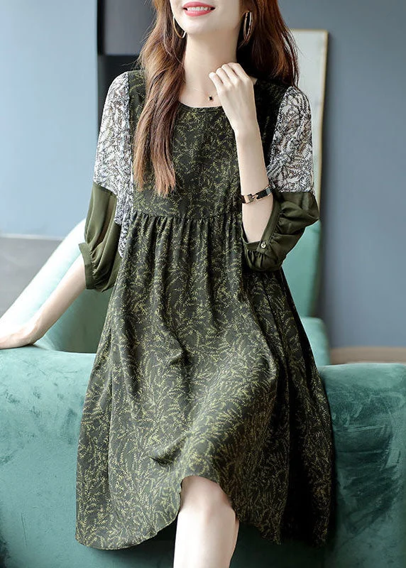 French Army Green O-Neck Patchwork Print Chiffon Vacation Dresses Half Sleeve FR2003 Discounted unclassified dresses