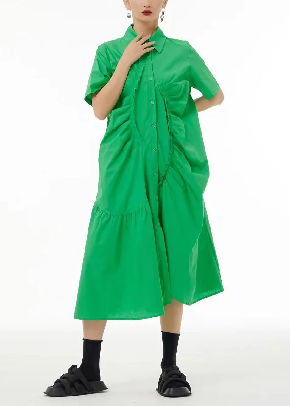 French Green Asymmetrical Wrinkled Cotton Robe Dresses Summer LC0158 Party unclassified dresses