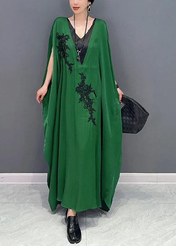 French Green Oversized Patchwork Silk Ankle Dress Batwing Sleeve LY0561 Trendy unclassified dresses