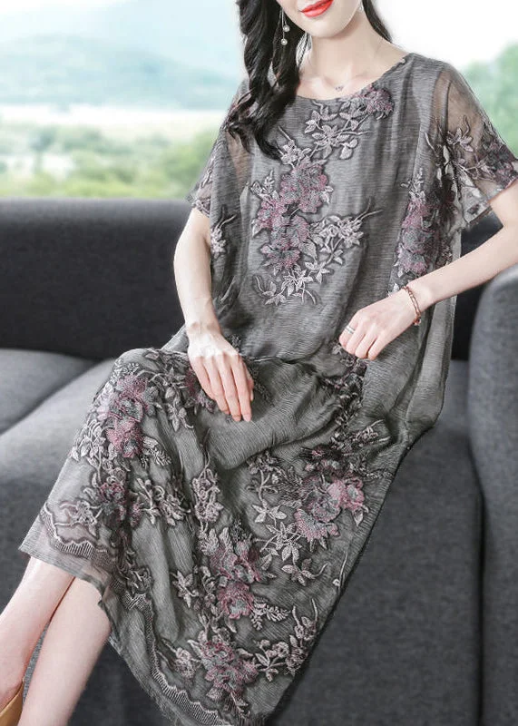 French Grey Oversized Embroideried Silk Dress Summer LY0688 Metallic unclassified dresses