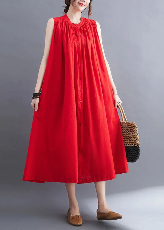 French Red O-Neck Wrinkled Cotton A Line Dresses AC2097 Luxury unclassified dresses