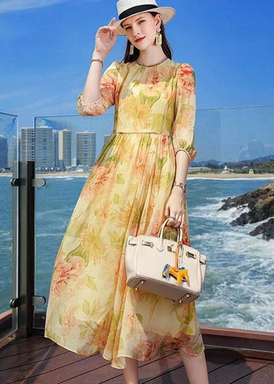 French Yellow Wrinkled Print Silk Holiday Dress Summer LC0220 Casual chic unclassified dresses