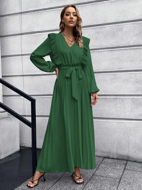 Green Pleated Maxi Dress Layered Maxi Skirt