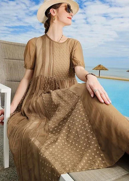 Handmade Brown O Neck Patchwork Silk Mid Dress Summer LC0253 High-end unclassified dresses