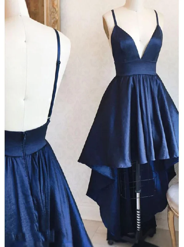 High Low Navy Blue Deep V Neck Spaghetti Straps Backless A Line Satin Corset Homecoming Dresses outfit Designer unclassified dresses