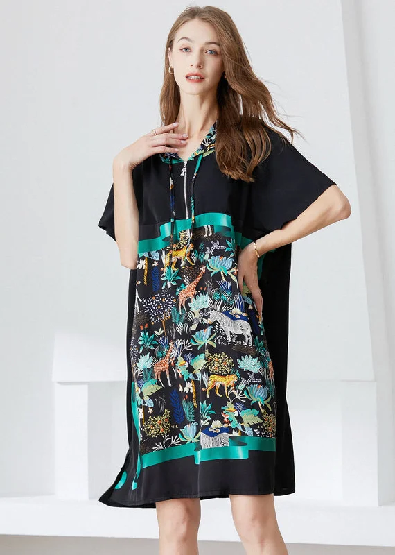 Italian Black Hooded Patchwork Print Chiffon Dress Summer LY0299 Graduation unclassified dresses