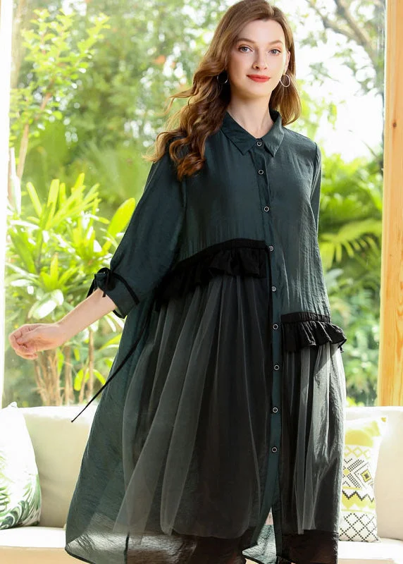 Italian Green Oversized Patchwork Ruffles Cotton Dress Half Sleeve LY0280 Neutral tone unclassified dresses