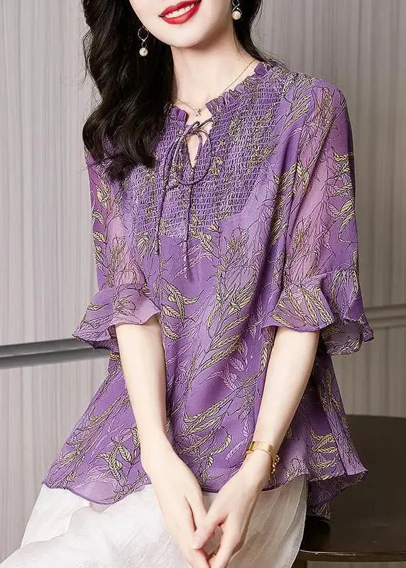 Italian Purple Ruffled Print Chiffon Blouses Summer HA1055 Embroidered unclassified dresses