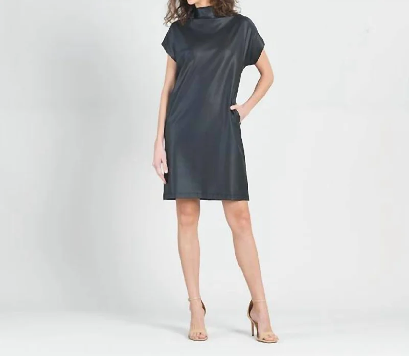 Liquid Leather Cap Sleeve High Neck Dress W/pockets In Black Ruched unclassified dresses