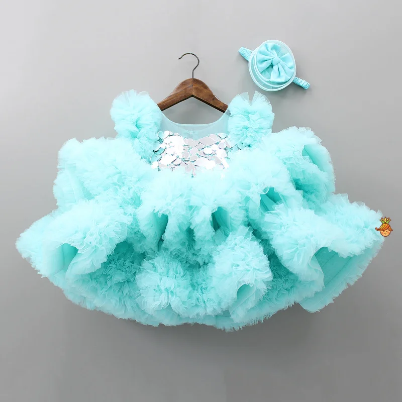 Mirror Work Yoke Blue Ruffle Dress With Bowie Head Band Short unclassified dresses