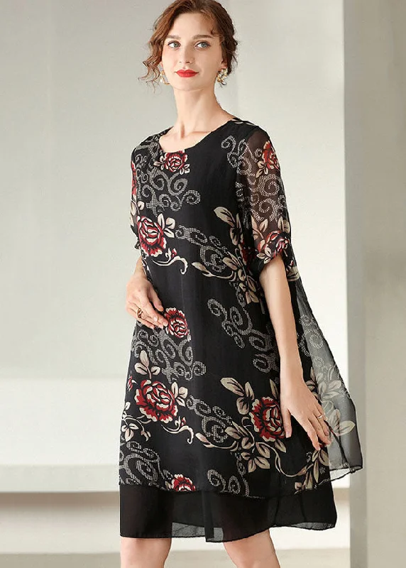 Modern Black O Neck Print Patchwork Silk Dress Summer LY0008 Denim unclassified dresses