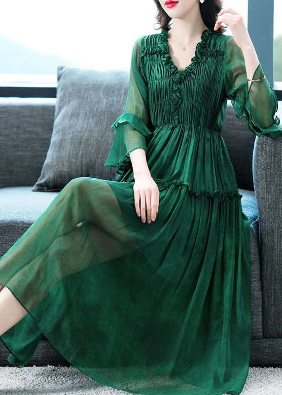 Modern Green V Neck Ruffled Patchwork Silk Dress Summer LC0223 Chiffon unclassified dresses