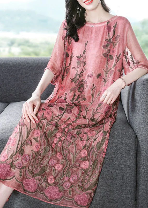 Modern Pink O-Neck Embroideried Silk A Line Dress Half Sleeve AC3050 Cotton unclassified dresses