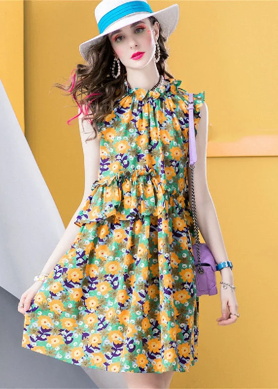 Modern Yellow Ruffled Print Patchwork Cotton Dress Sleeveless LC0218 Preppy unclassified dresses