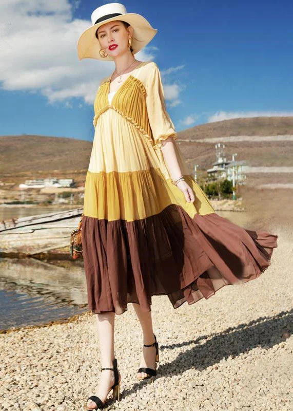 Natural Colorblock V Neck Wrinkled Patchwork Chiffon Dresses Summer LC0248 Lounge unclassified dresses