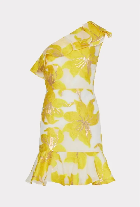 Nila Metallic Fleur Jacquard Ruffle Dress In Yellow Flowy unclassified dresses