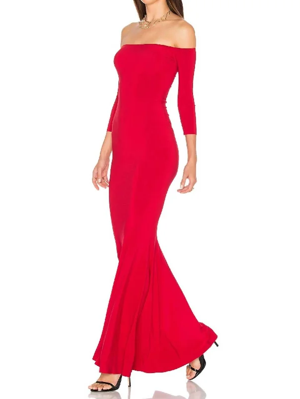 Off Shoulder Fishtail Gown In Red Beaded unclassified dresses