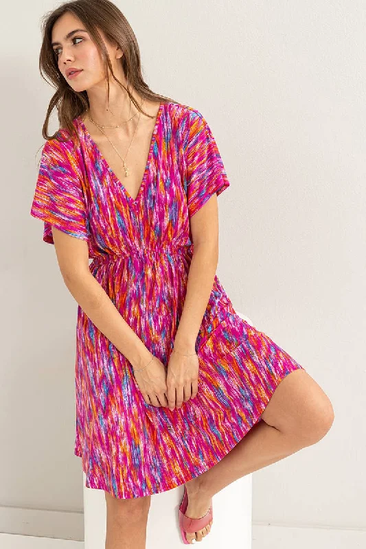 MULTI IKAT PRINT V-NECK JERSEY DRESS Bright color unclassified dresses