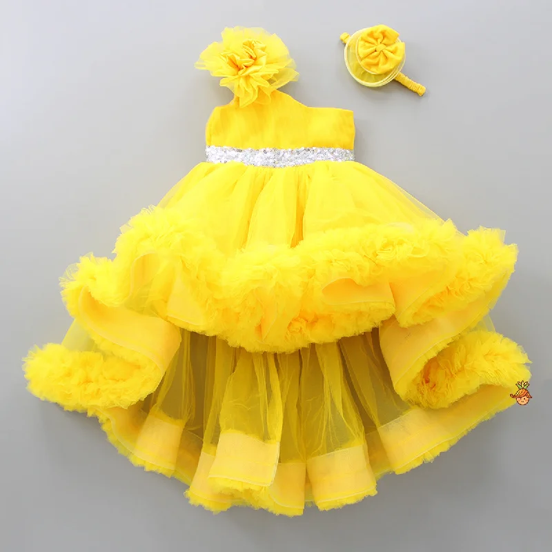 One Shoulder Ruffle Hem High Low Yellow Dress With Matching Head Band Fashionable unclassified dresses