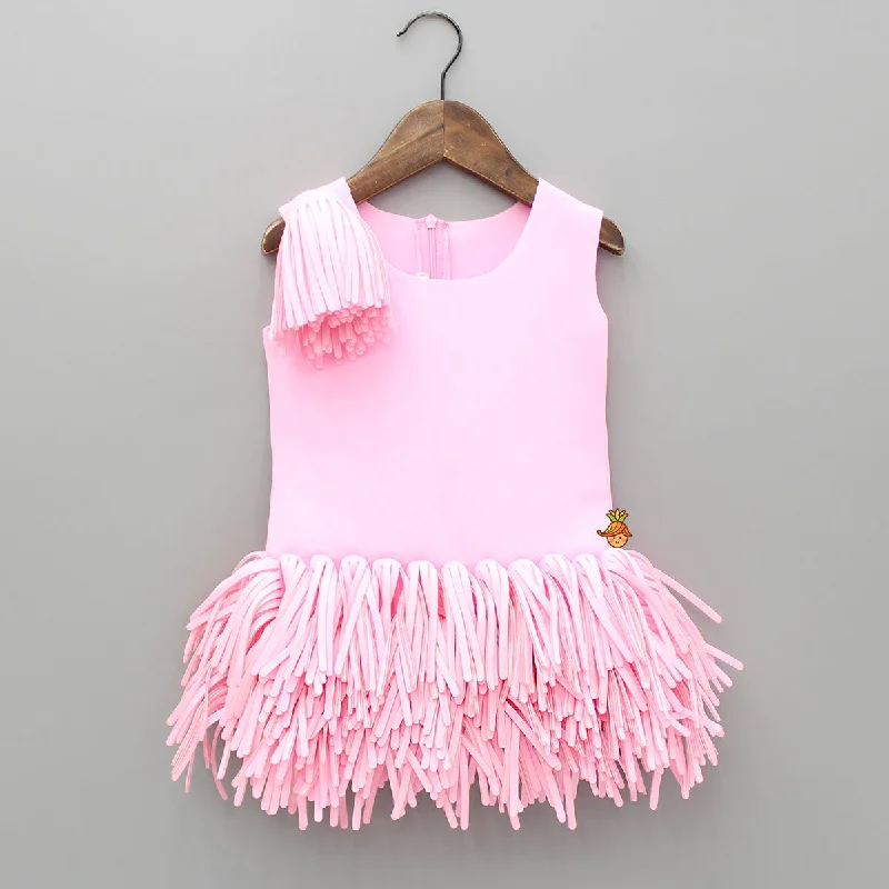 Pink Scuba Dress With Detachable Fringes Flower Broach Fashionable unclassified dresses