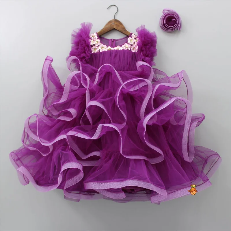 Pretty Purple Ruffled Layered Gown With Matching Hair Clip Ruched unclassified dresses