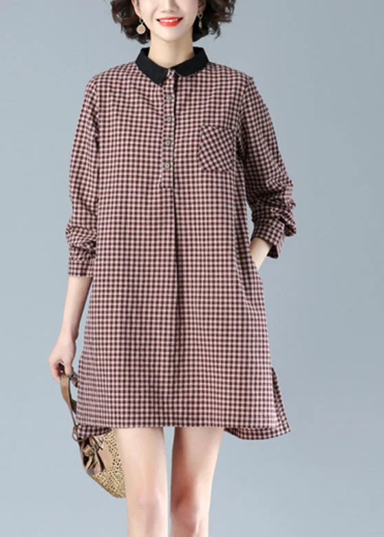 Red Plaid Peter Pan Collar Button Cotton Mid Dress Fall HA1018 Preppy unclassified dresses