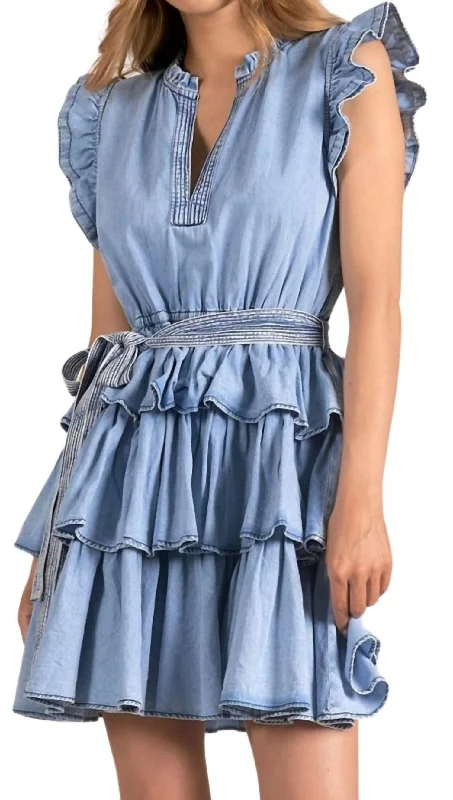 Ruffled Sleeve Tiered Dress In Blue Wash Everyday wear unclassified dresses