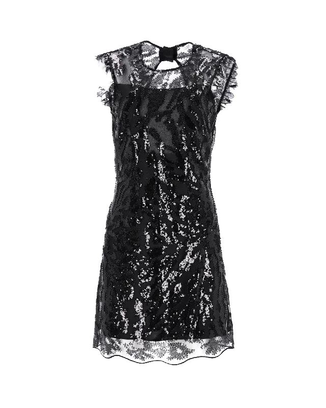 Sandro Embellished Sequin Mini Dress in Black Polyester Mini Skirt with Lace