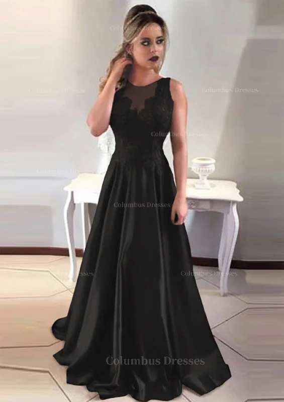 Satin Prom Dress A-Line/Princess Scoop Neck Sweep Train With Appliqued Monochrome unclassified dresses