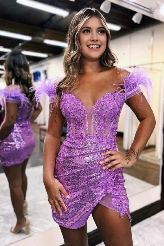 Sequin Off The Shoulder Lace Up-Corset Short Homecoming Dress With Feather Simple Mini Skirt