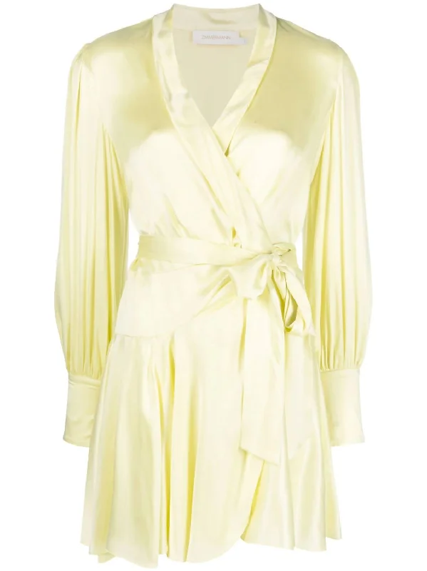 Silk Wrap Mini Dress In Lemon Floral A-line Skirt