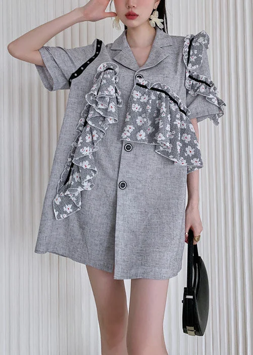 Simple Grey Notched Ruffled Patchwork Cotton Day Dress Summer LY0776 Affordable unclassified dresses