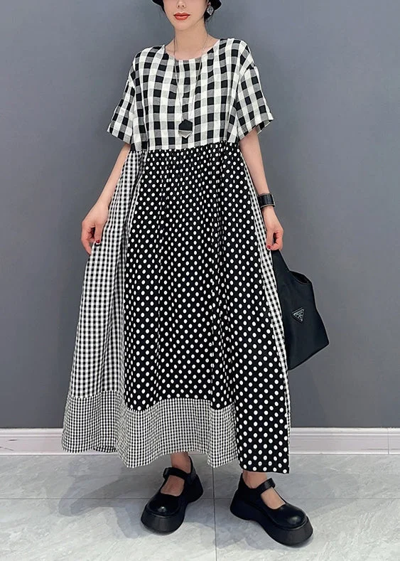 Style Grey Plaid Patchwork Dot Cotton A Line Dress Summer LY0579 Smocked unclassified dresses