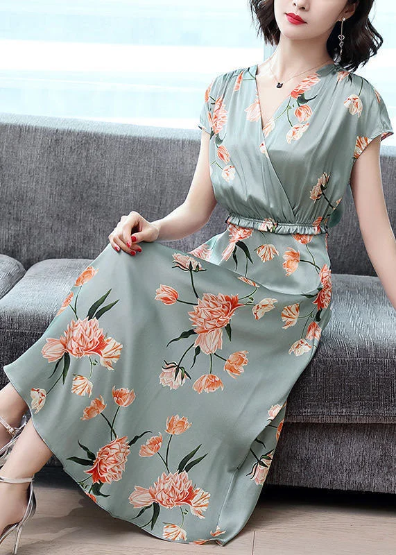 Style Light Green Cinched Print Silk Vacation Dresses Summer LC0079 Everyday wear unclassified dresses