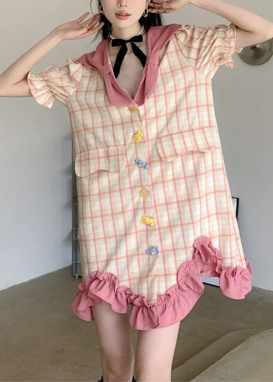 Stylish Colorblock Plaid Ruffled Patchwork Cotton Mid Dress Summer LY0785 Comfortable unclassified dresses