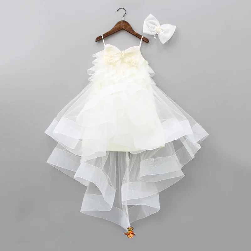 Stylish Off White Trail Dress With Bowie Pearl String Hair Clip Casual unclassified dresses