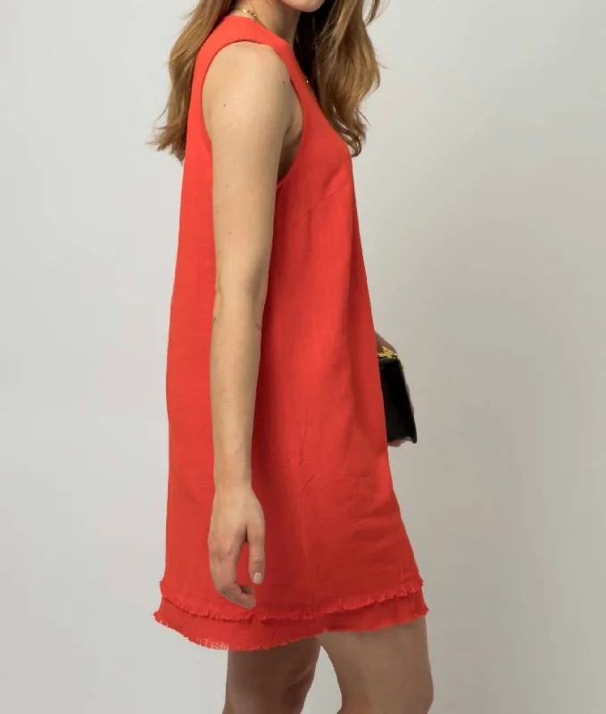 The Virginia Double Frayed Sleeveless Linen Shift Dress In Tomato Short unclassified dresses