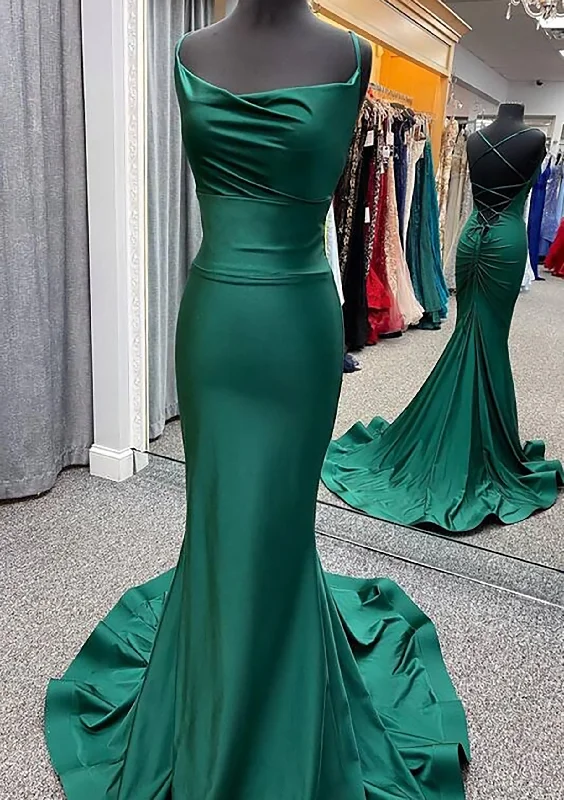 Trumpet/Mermaid Cowl Neck Spaghetti Straps Sweep Train Jersey Corset Prom Dress With Pleated Gowns Breathable unclassified dresses