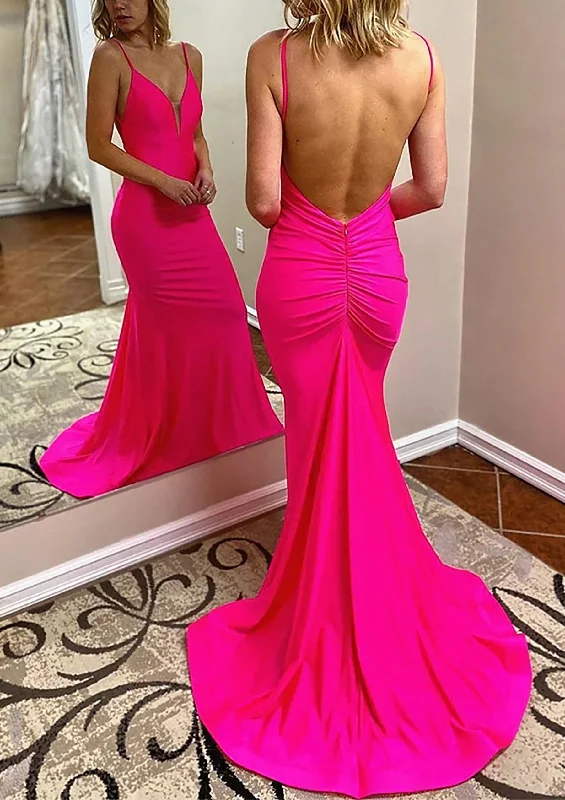 Trumpet/Mermaid V Neck Spaghetti Straps Court Train Jersey Corset Prom Dress With Pleated Gowns Ruffled unclassified dresses