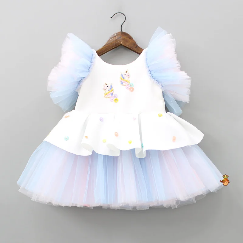 Unicorn Embroidered Yoke Neoprene White And Light Blue Dress Discounted unclassified dresses