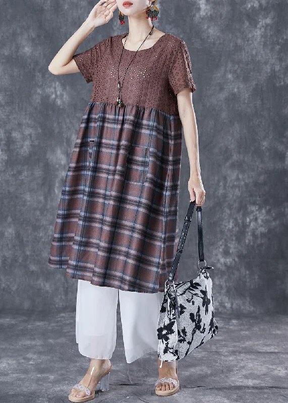 Unique Coffee Hollow Out Patchwork Plaid Cotton Dresses Summer TA1044 Club unclassified dresses