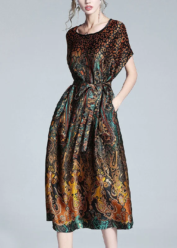 Unique Leopard O Neck Tie Waist Patchwork Silk Dress Summer LY1059 Bold pattern unclassified dresses