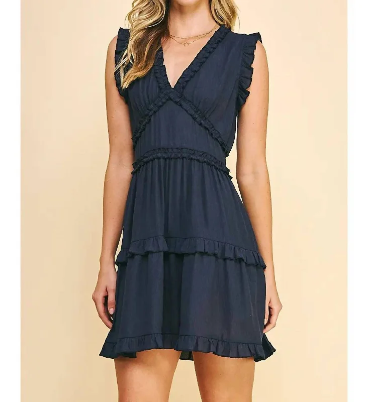 V-Neck Ruffle Dress In Navy Satin unclassified dresses