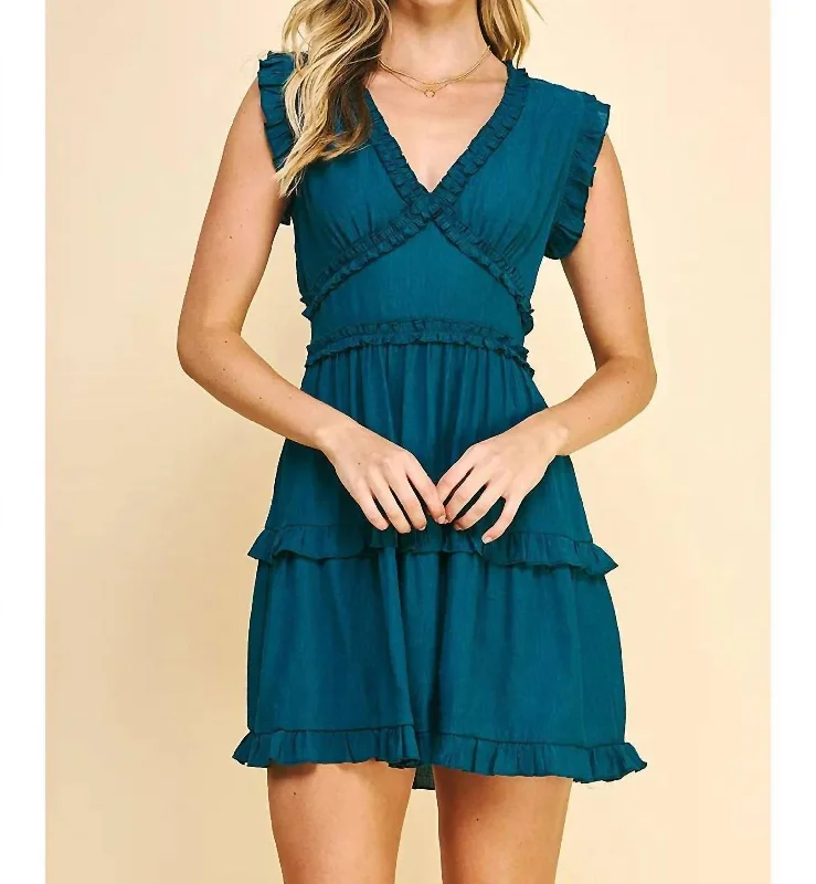 V-Neck Ruffle Dress In Teal Knitted unclassified dresses