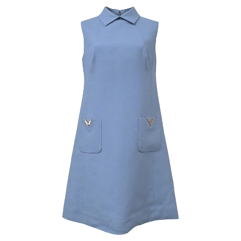 Valentino Collared Mini Dress in Light Blue Wool Mini Skirt Party