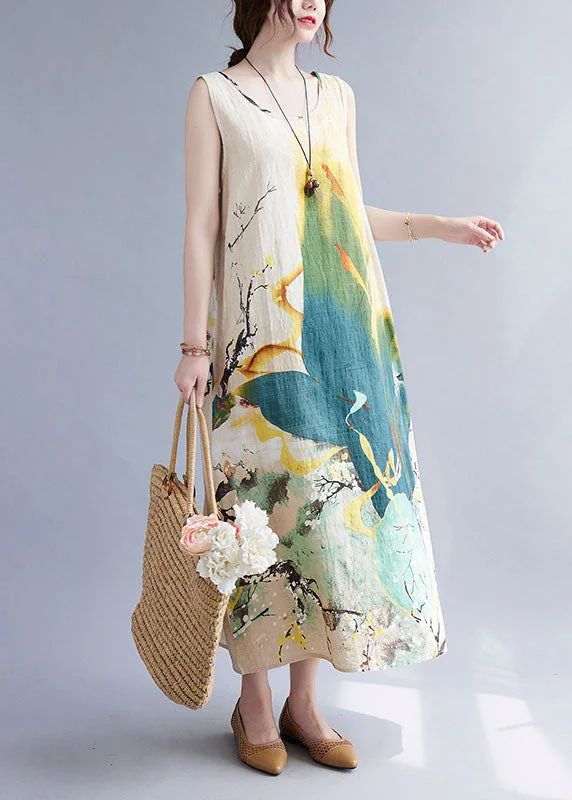 Vintage Beige Print O-Neck Linen Vacation Dresses Summer AC2082 Trendy unclassified dresses