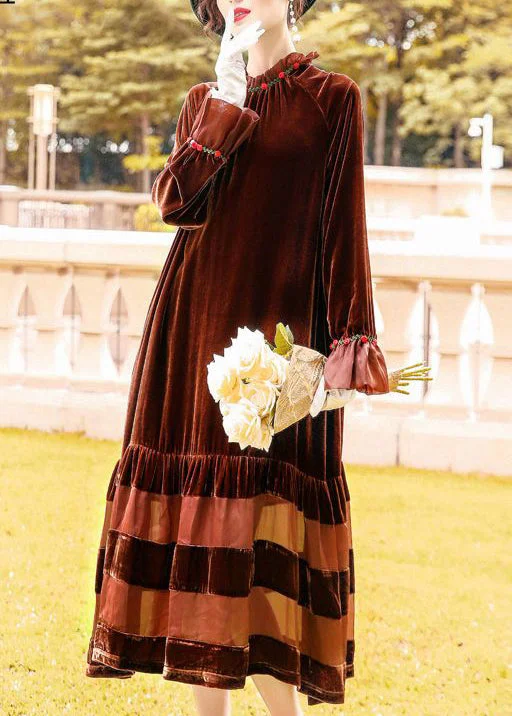 Vintage Brown Oversized Patchwork Silk Velour Robe Dresses Spring LY1070 Breathable unclassified dresses