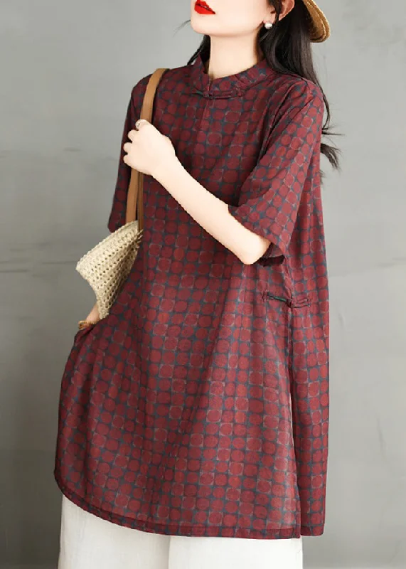 Vintage Red Stand Collar Print Side Open Cotton Dress Summer RU020 Budget-friendly unclassified dresses