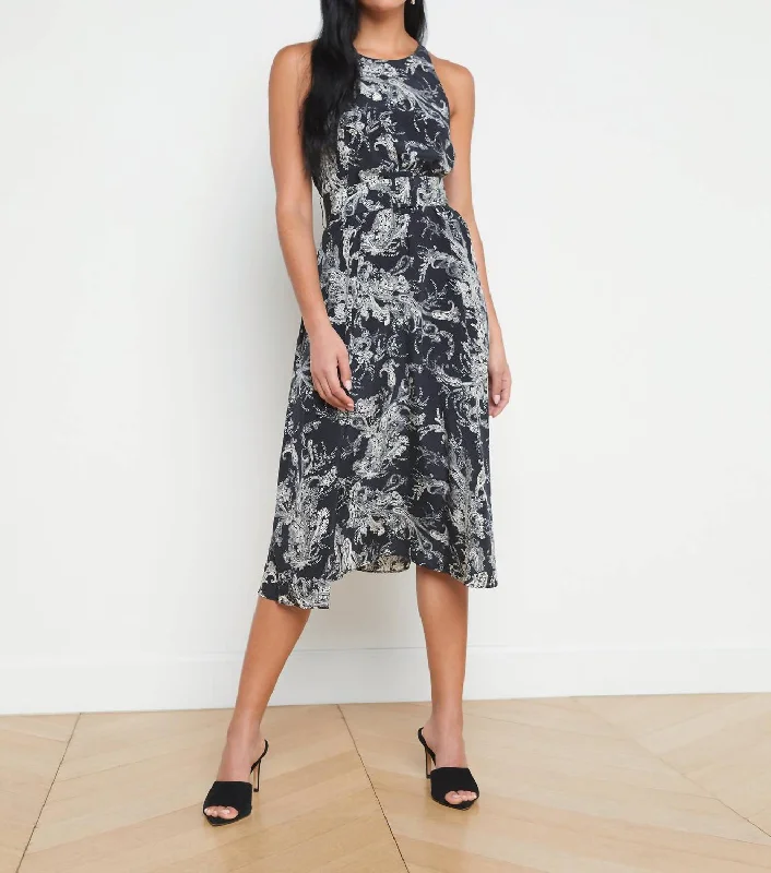 Vivian Belted Silk Dress In Black/ecru Paisley Open-back unclassified dresses