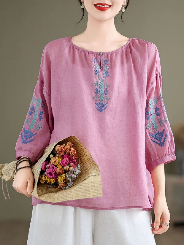 Women Artsy Summer Embroidery O-Neck Ramie Blouse KL1019 Casual chic unclassified dresses